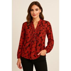 Cold Water Creek Red And Black Floral Pintuck Blouse Size XL 16